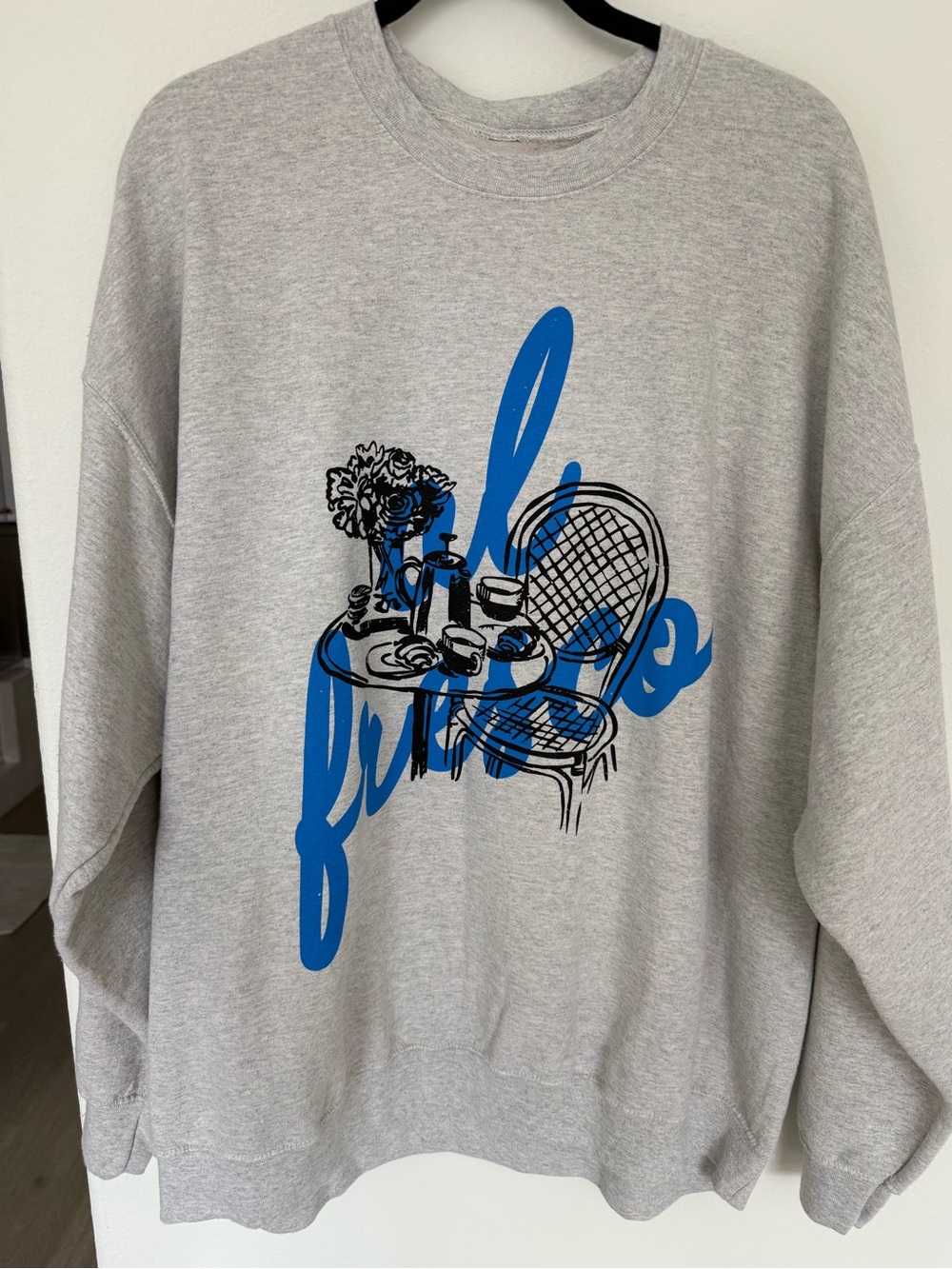 Anthropologie Grey Crewneck Sweatshirt with Blue Graphic Café Illustration